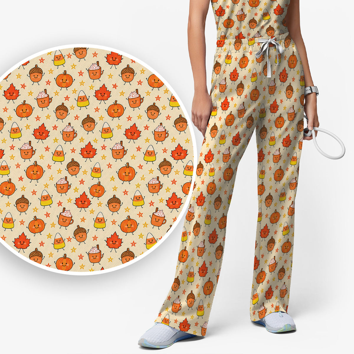 Cute Fall Pumpkin Spice Doodles Scrub Set, Scrub Pants and V Neck Top