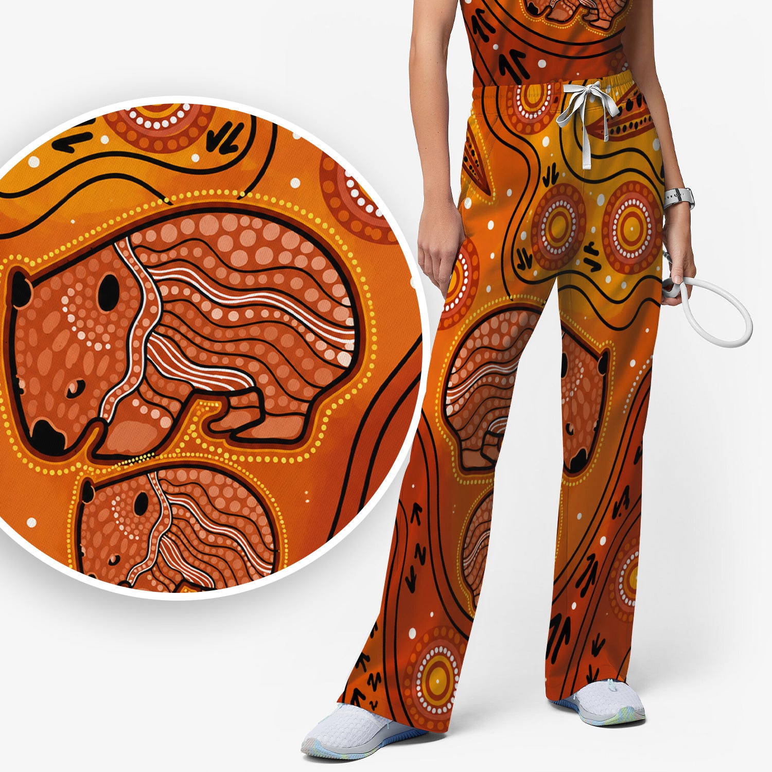 Australian Aboriginal Wombat Family Art Pattern Scrub Set, Scrub Pants and V Neck Top