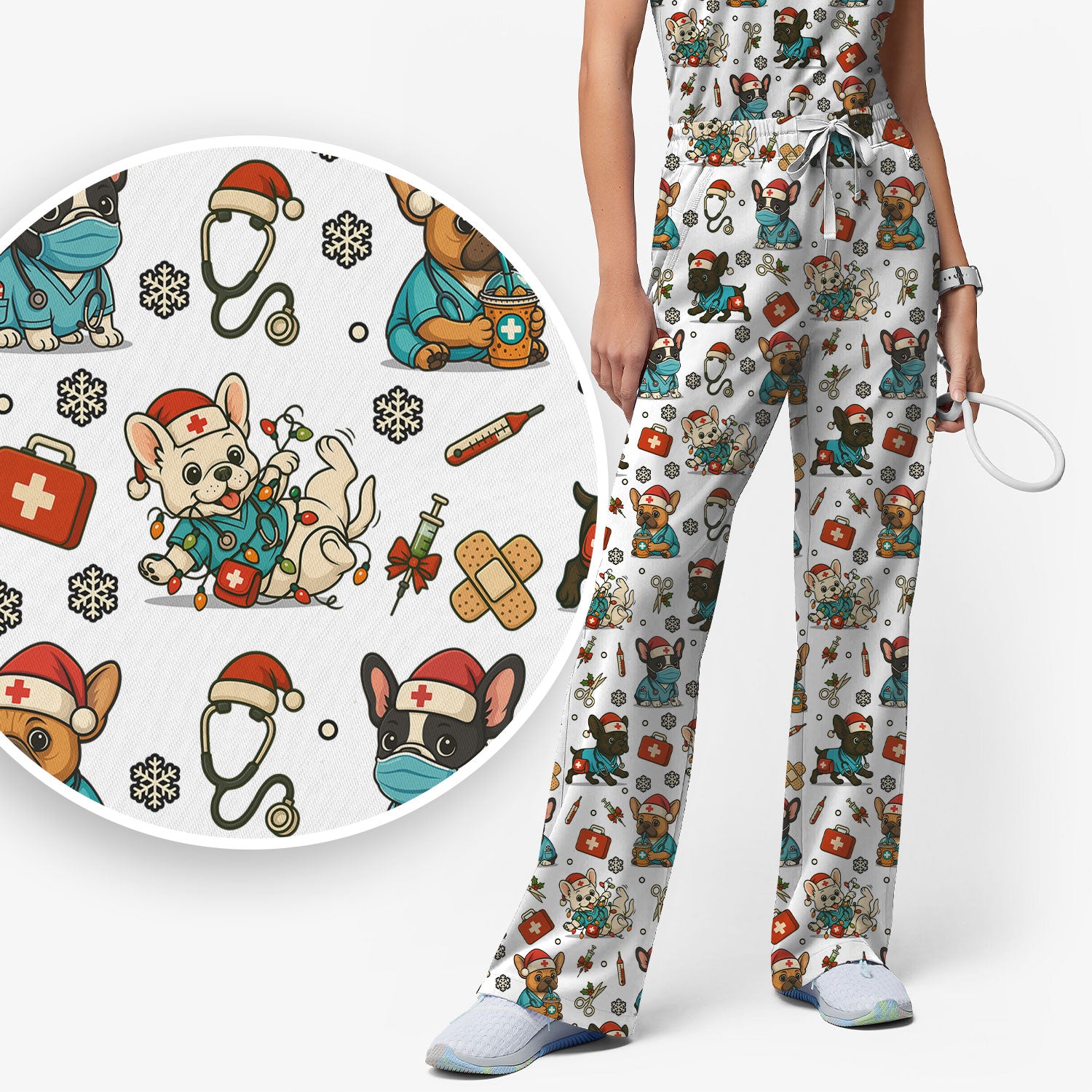 Christmas Dog Nurse Scrub Set for Women - Cute French Bulldog Pattern Scrub Top and Pants - Funny Holiday Nursing Outfit Gift for RN LPN CNA