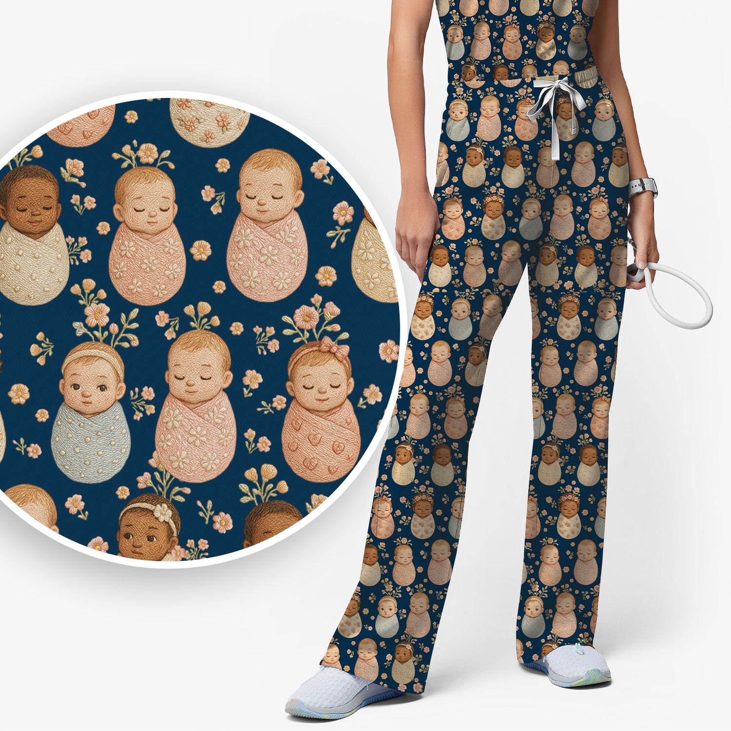 Sweet Newborn Baby Floral Print Women's Scrub Set, Breathable Med Uniform
