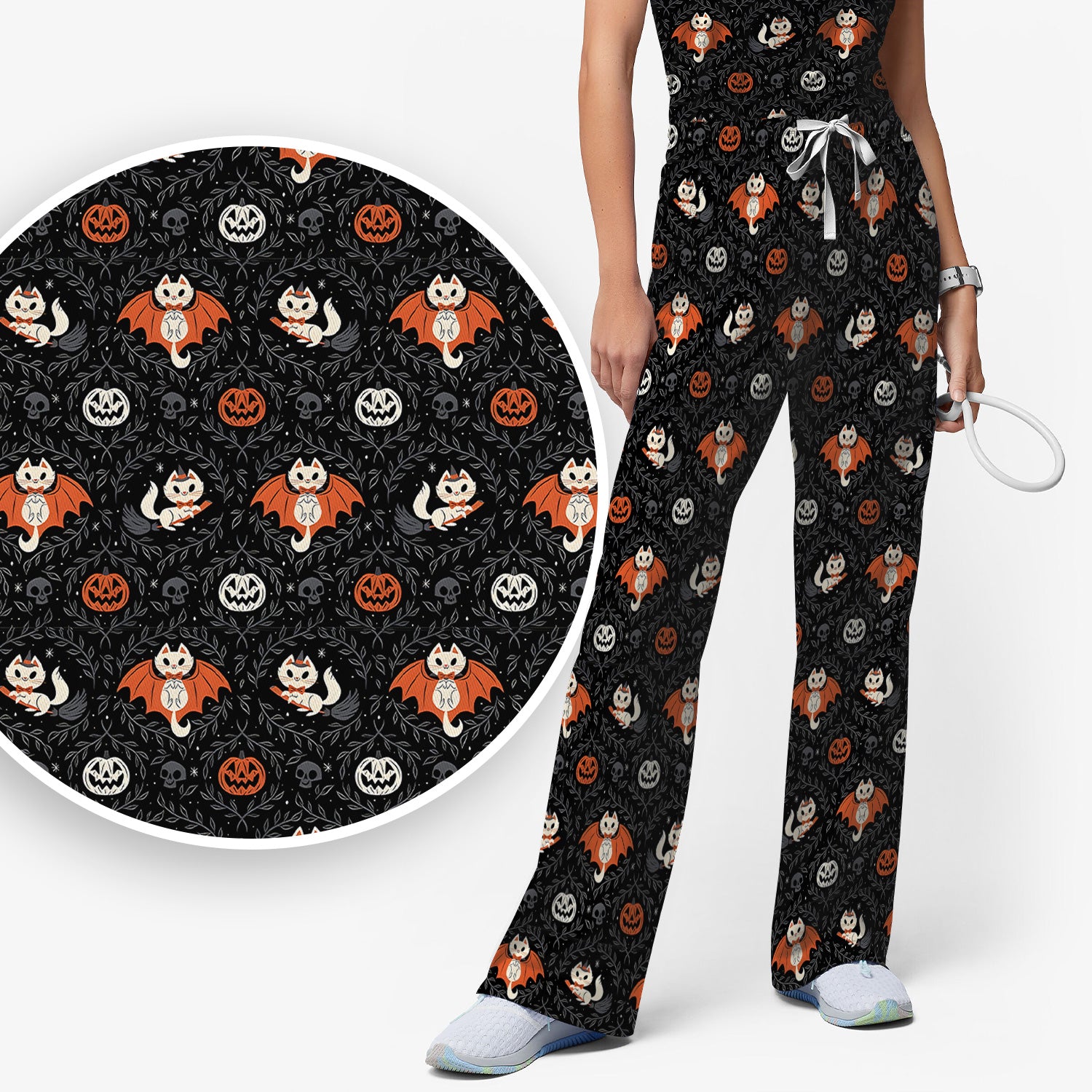 Cute Halloween Vampire Cat Pattern Scrub Set, Scrub Pants and V Neck Top