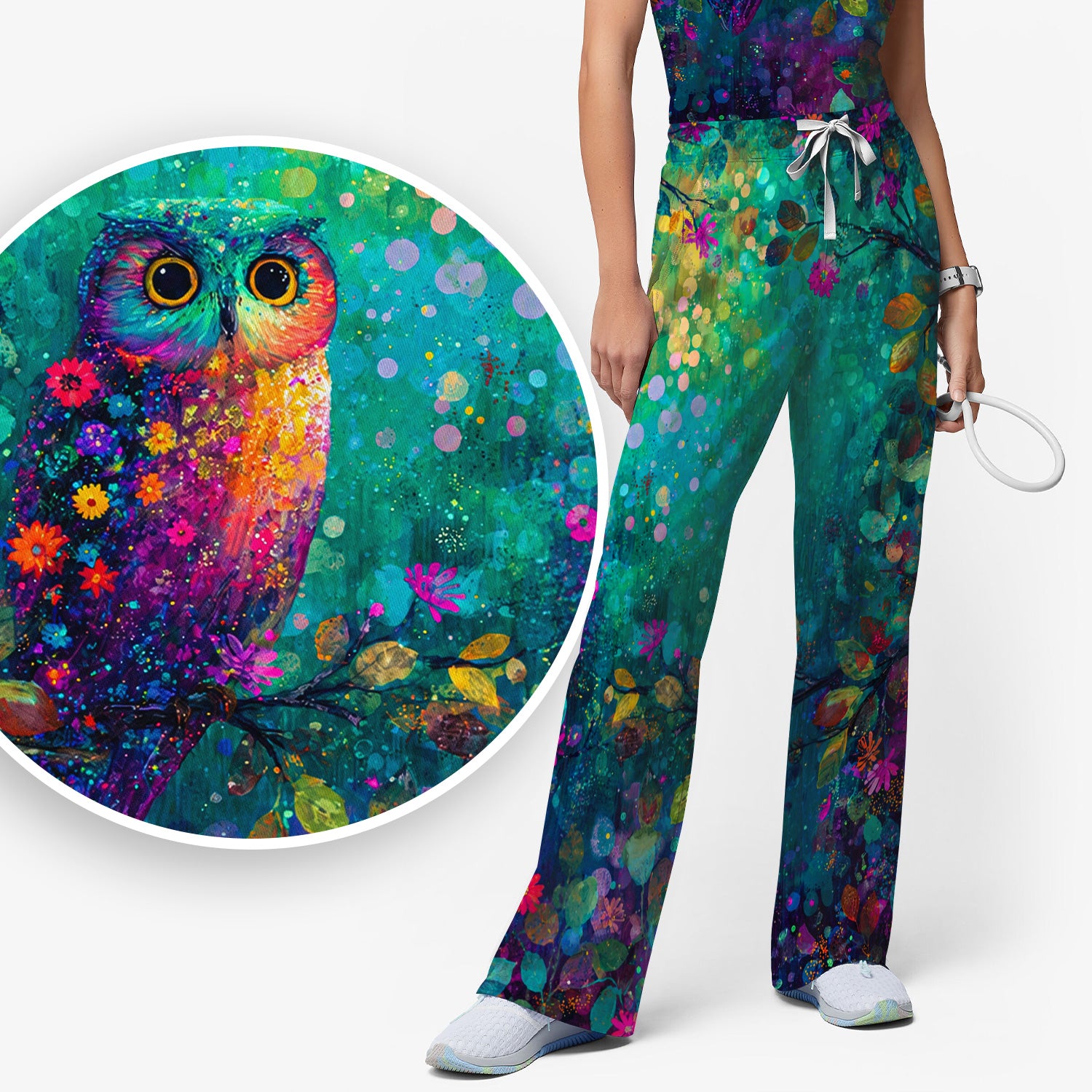 Vibrant Neon Owl Pattern, Colorful Forest Medical Scrub Set, Scrub Pants and V Neck Top