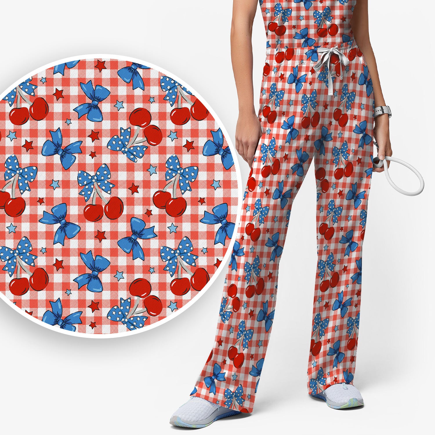 Cute Patriotic Cherry Bow Checkered Pattern Scrub Set, Scrub Pants and V Neck Top