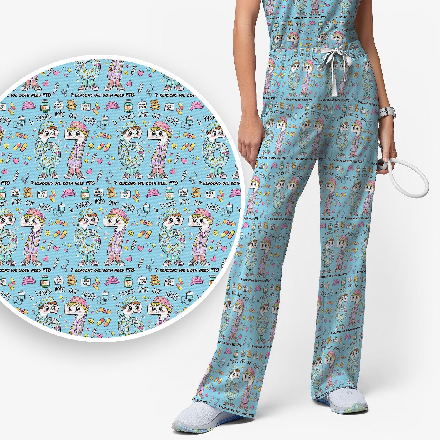 Cartoon Characters Six Hours Into Shift With Medical Doodle Scrub Set, Breathable Med Uniform