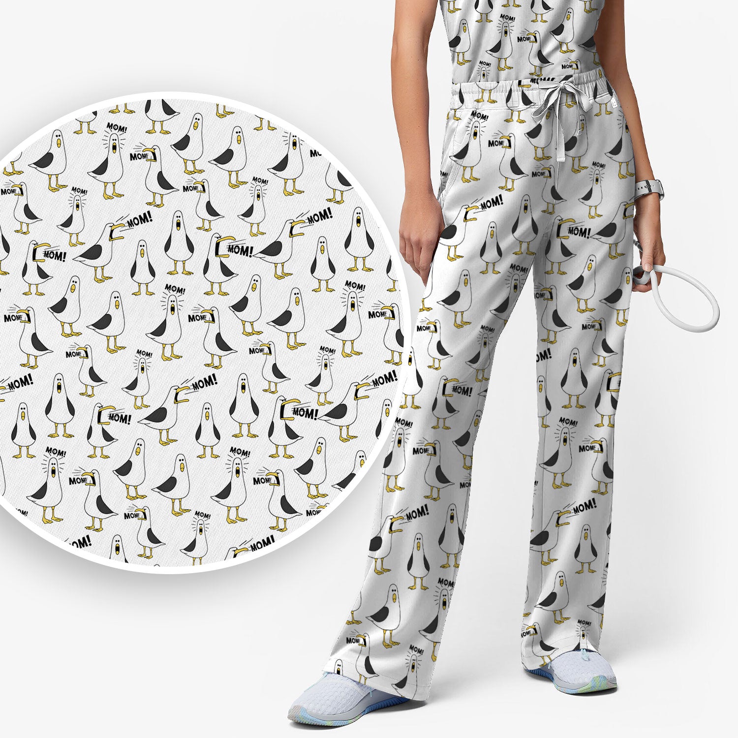 Funny Seagull Mom Seamless Pattern Scrub Set, Scrub Pants and V Neck Top