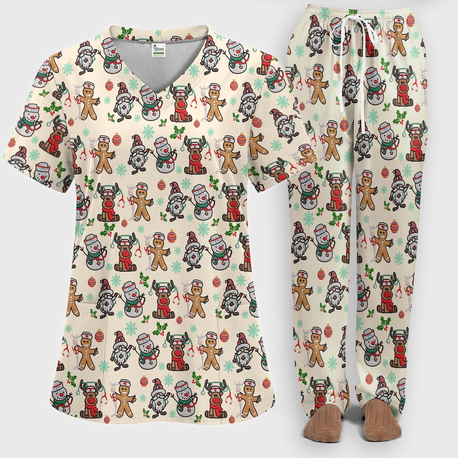 Christmas Gingerbread Scrubs Set for Women - Comfortable Scrubs for Nurses - Reindeer Santa Pants and V Neck Top
