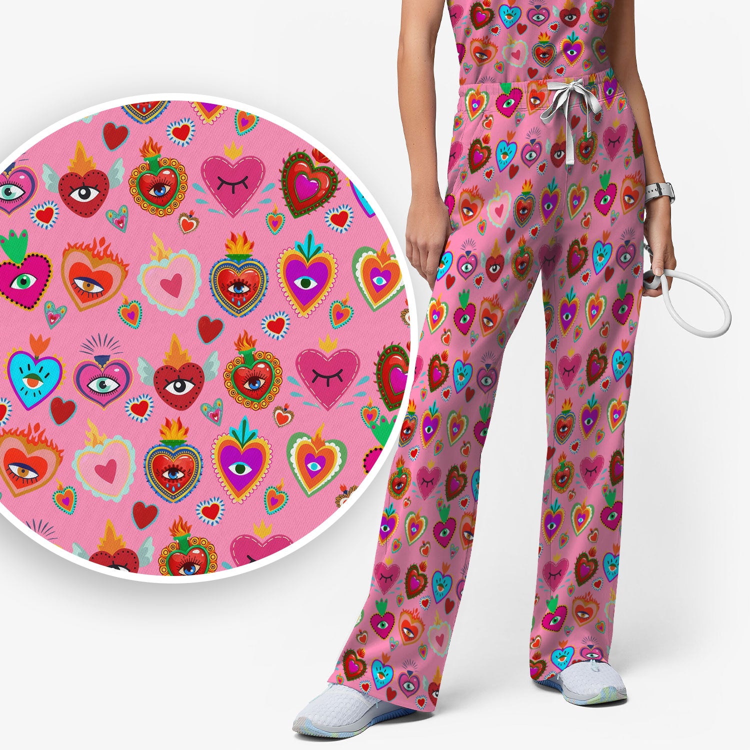 Valentine Colorful Sacred Heart Print Women's Scrub Set, Scrub Pants and V Neck Top