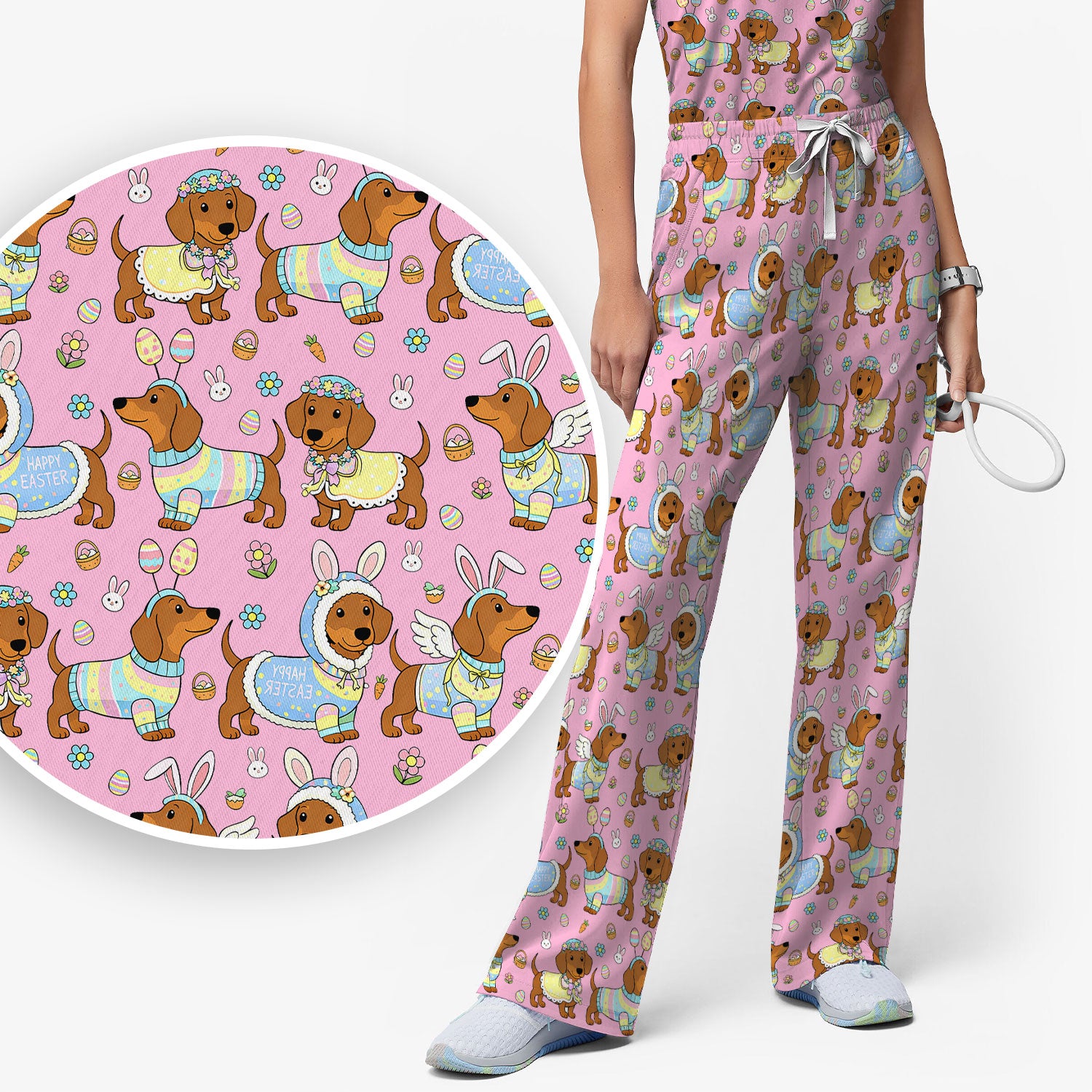 Easter Dachshund Bunny Pattern Scrub Set, Scrub Pants and V Neck Top