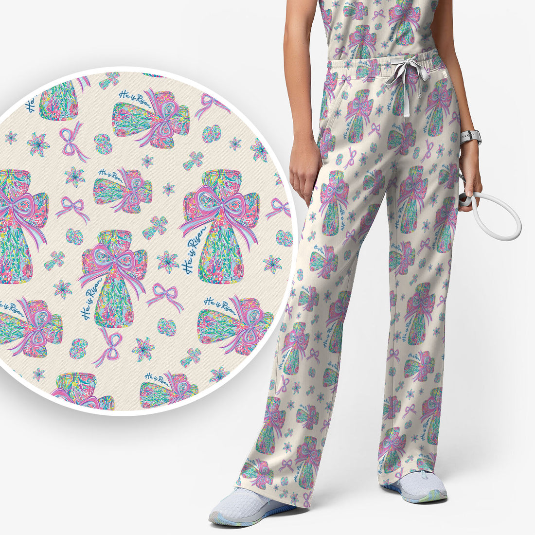 Colorful Bow Pattern Women's Scrub Sets, Breathable Med Uniform