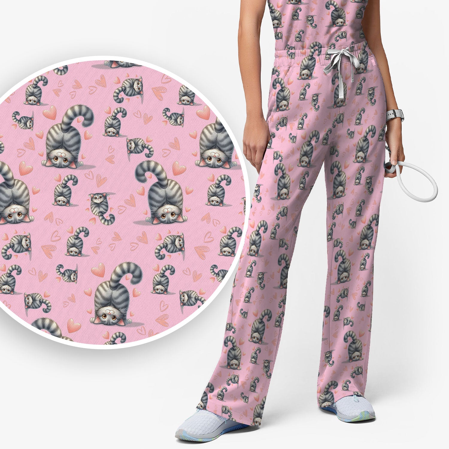 Valentine Cute Cat Scrub Set, Cat Heart Pattern Nurse Uniform, Comfortable Scrubs For Nurses
