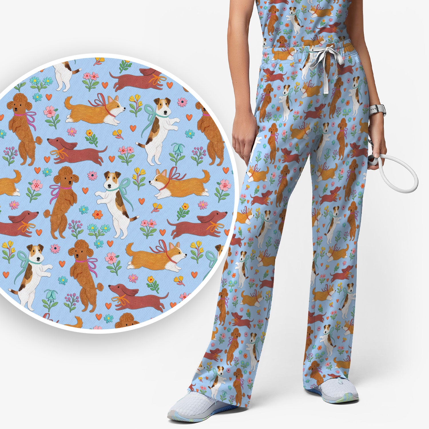 Cute Cartoon Dog Print Women's Scrub Set, Scrub Pants and V Neck Top