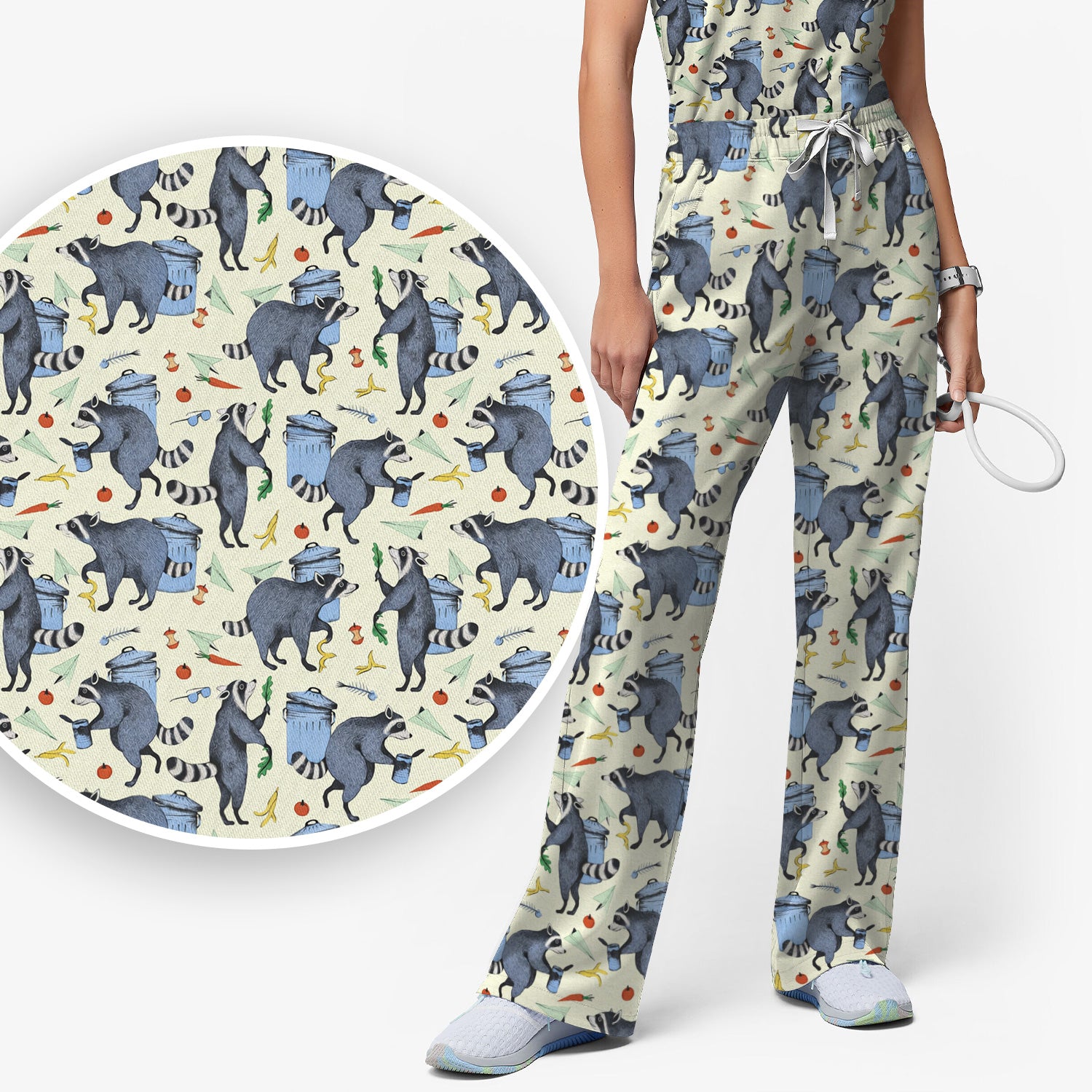 Funny Nurse Raccoon Eating Trash Banana Scrub Set, Scrub Pants and V Neck Top