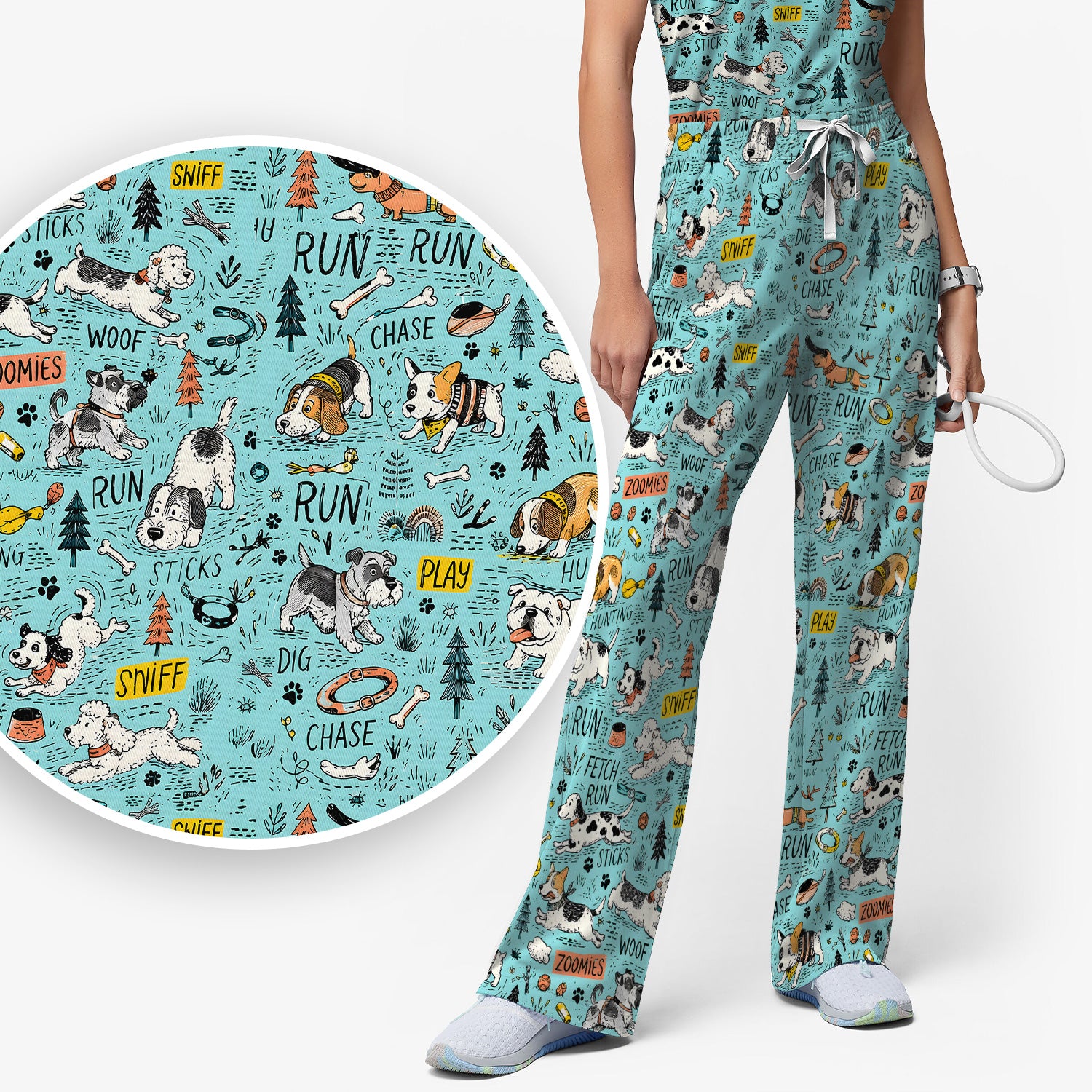 Playful Cartoon Puppy Adventure Pattern Scrub Set, Scrub Pants and V Neck Top