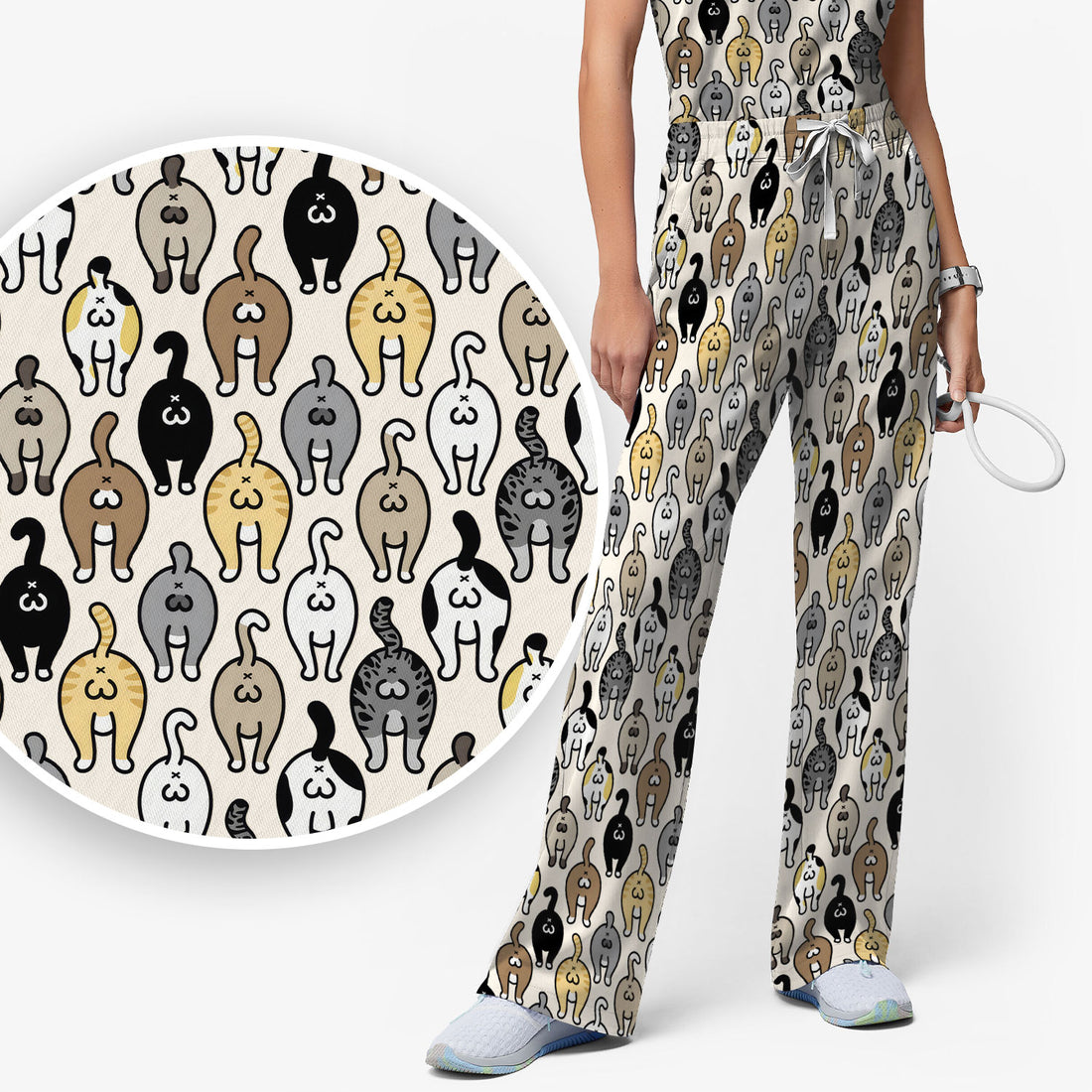 Cat Lover Nurse Scrub Set, Funny Cat Butt Pattern Medical Shirt, Breathable Fabrics Nursing Uniform