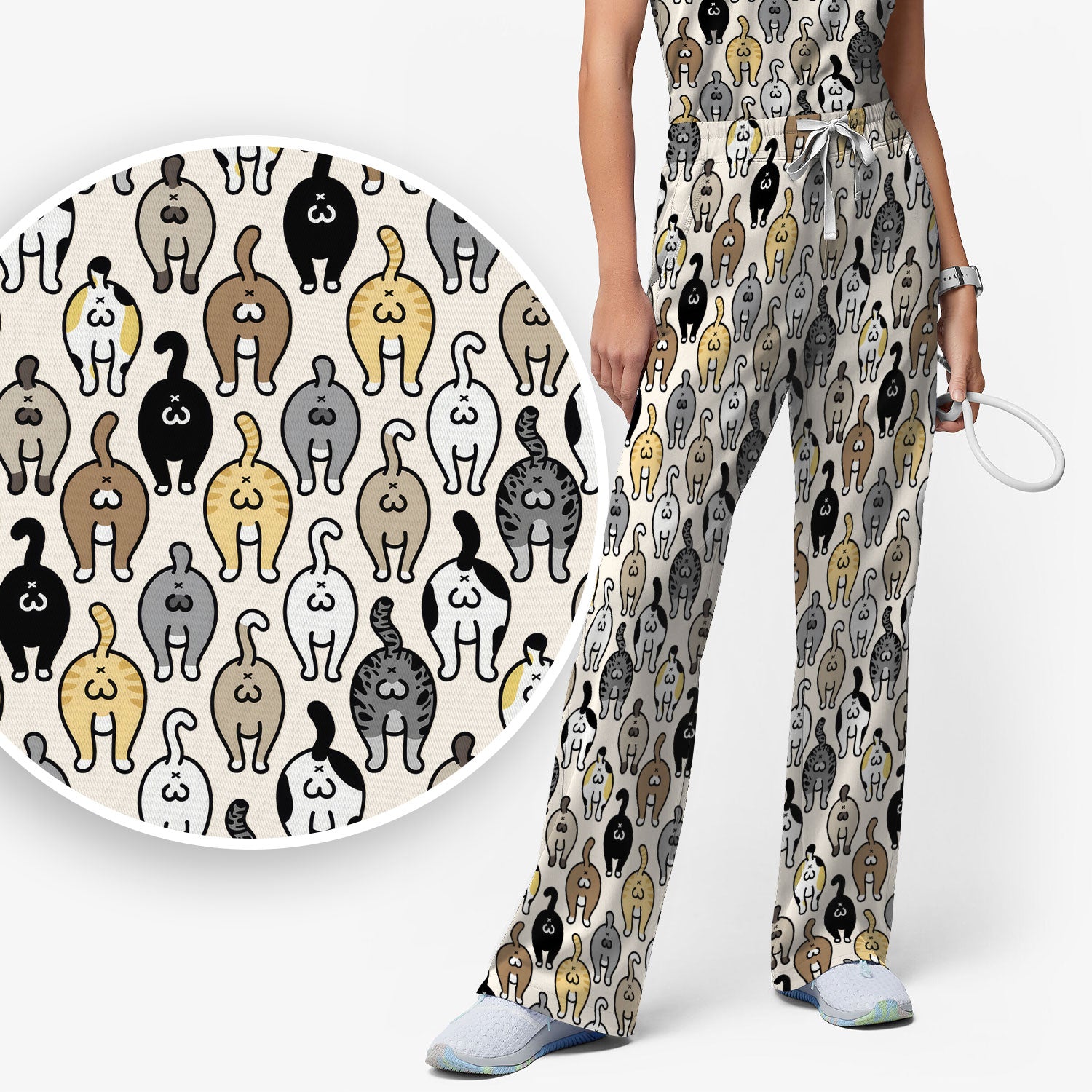 Cat Lover Nurse Scrub Set, Funny Cat Butt Pattern Medical Shirt, Breathable Fabrics Nursing Uniform