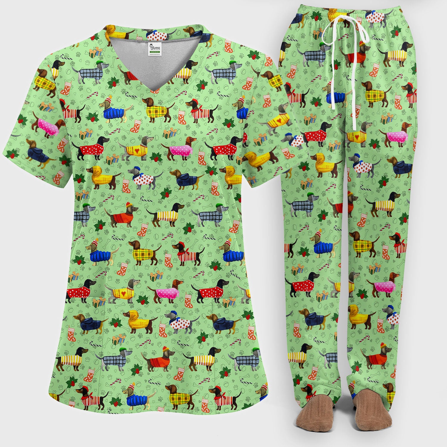 Dachshund Women Scrub Sets - Funny Wiener Dog Paw Prints Nurse Uniform - Comfortable Nursing Pants V Neck Shirt - Holiday Ugly Sweater