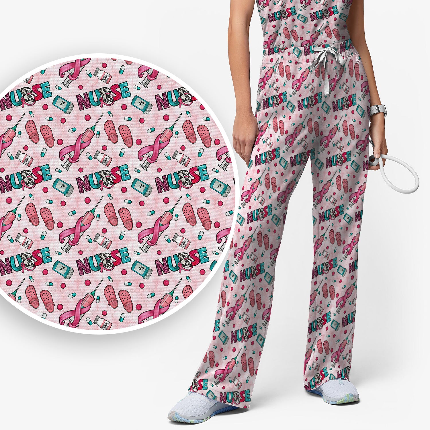 Pink Ribbon with Recovery Print Scrub Set, Scrub Pants and V Neck Top