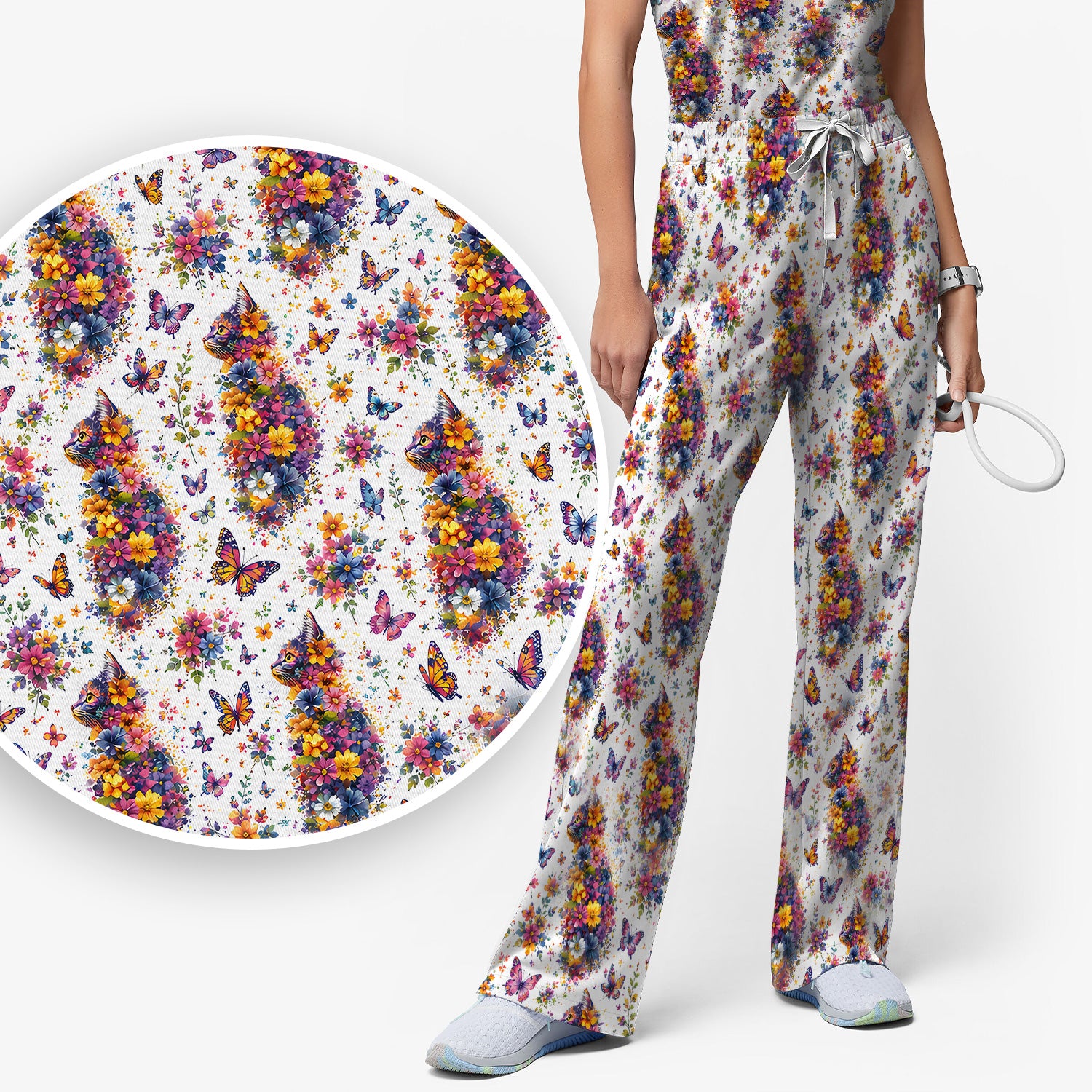 Cute Floral Cat With Butterfly Pattern Scrub Set, Scrub Pants and V Neck Top