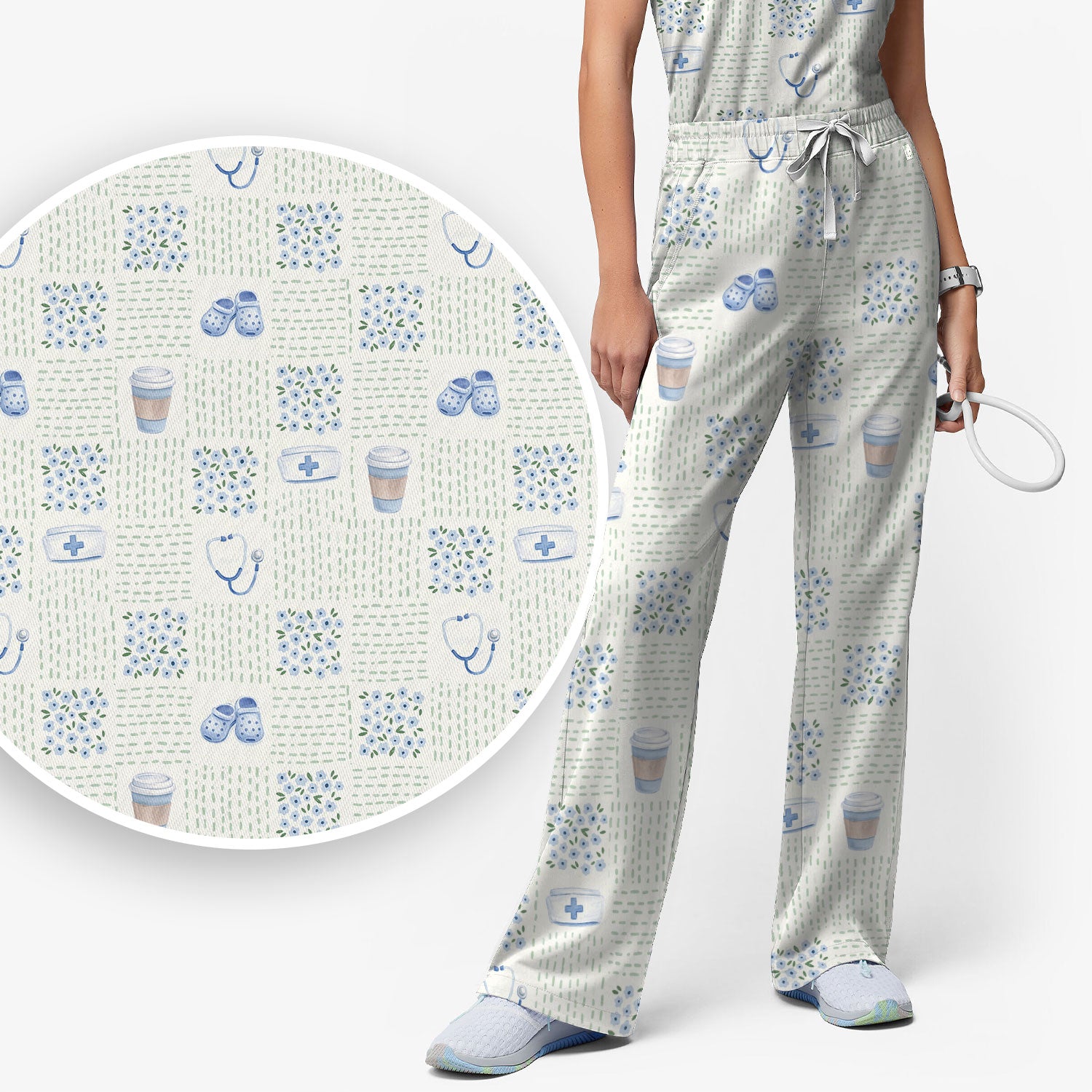 Cute Medical Essentials Pattern Scrub Set, Scrub Pants and V Neck Top