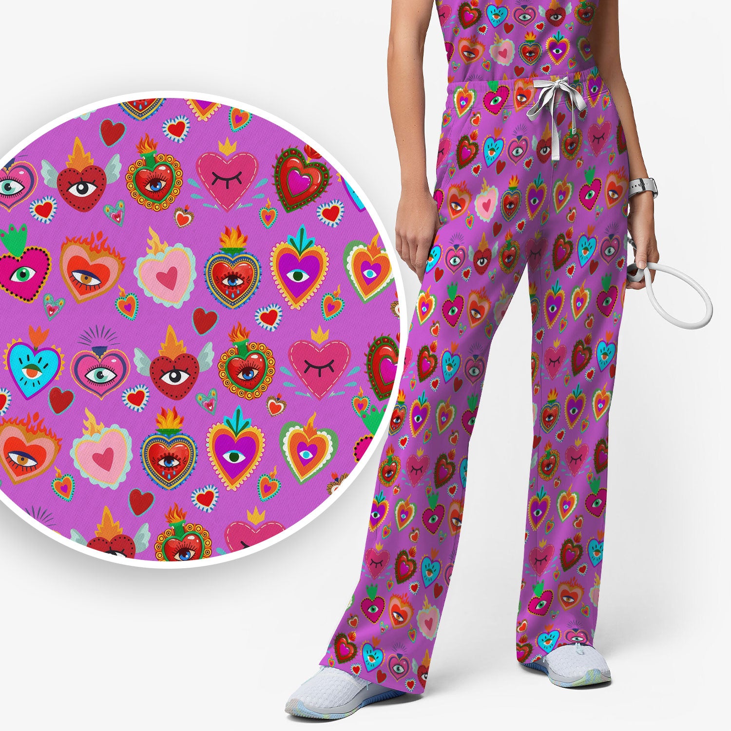 Valentine Colorful Sacred Heart Print Women's Scrub Set, Scrub Pants and V Neck Top