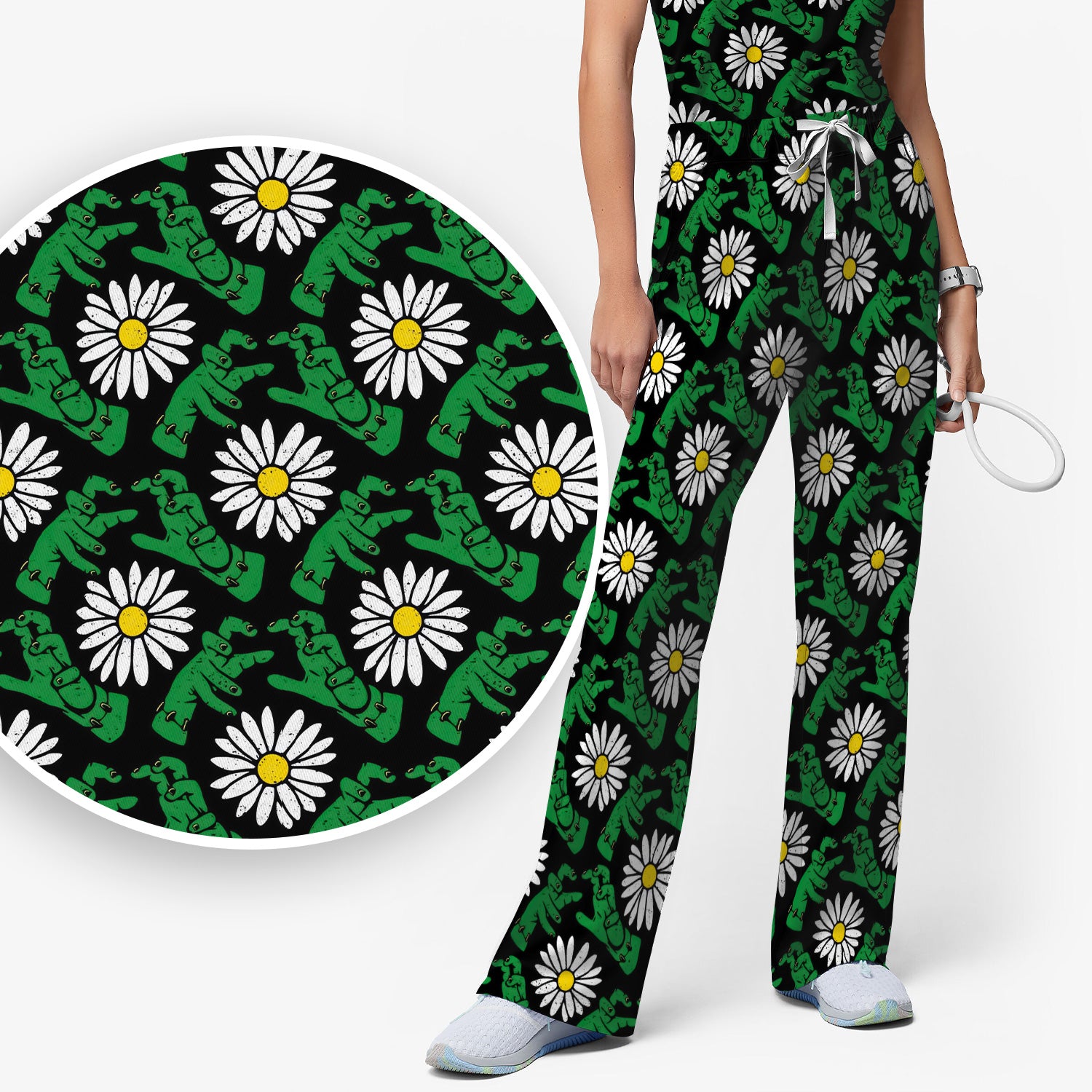 Halloween Monster And Daisies Scrub Set, Scrub Pants and V Neck Top