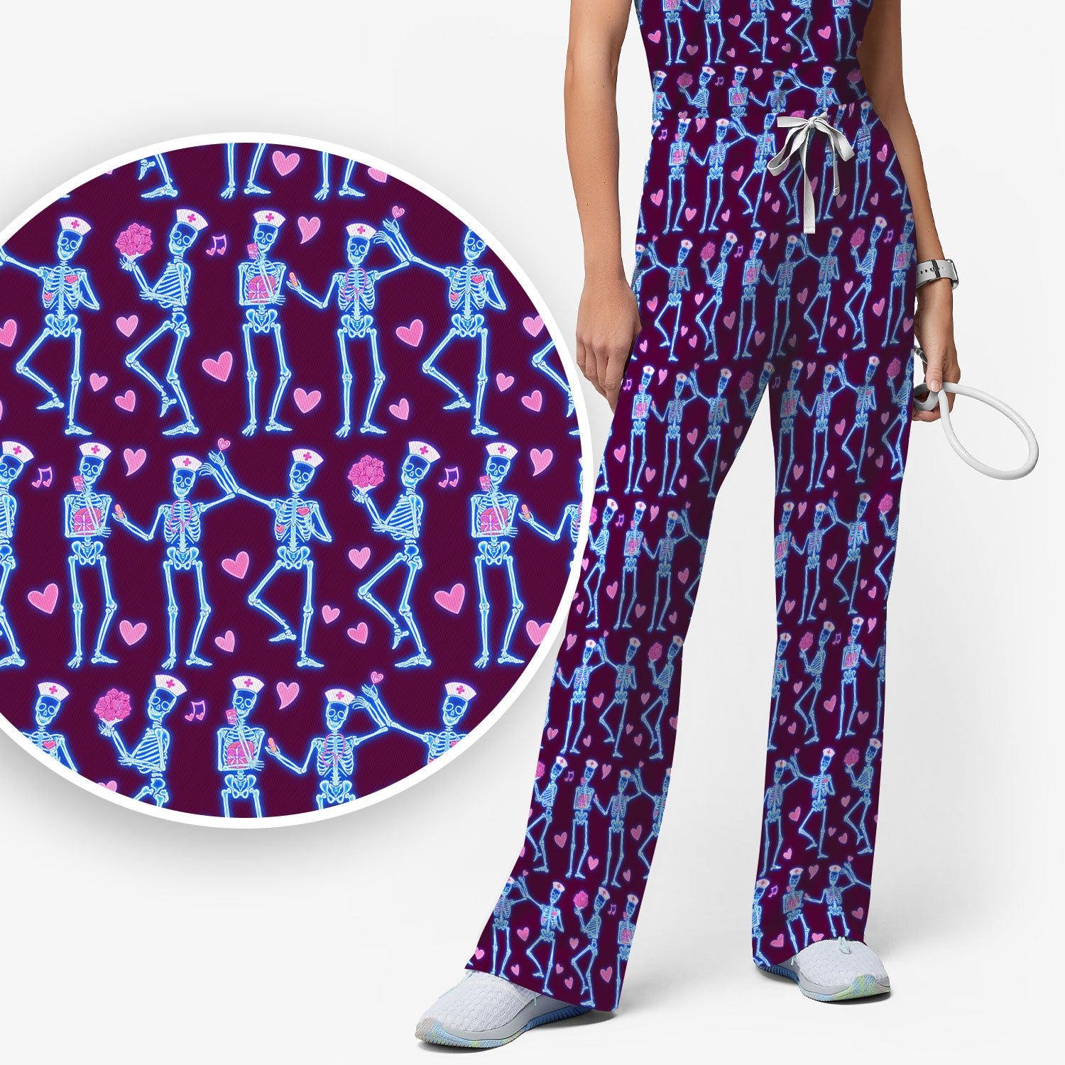 Skeleton Nurse Heart Pattern Scrub Sets, Playful Nurse Style, Scrub Pants and V Neck Top