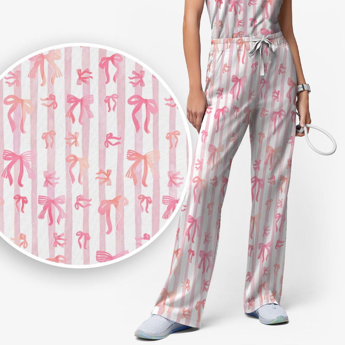 Pink Bow Stripe Pattern Print Scrub Set, Scrub Pants and V Neck Top
