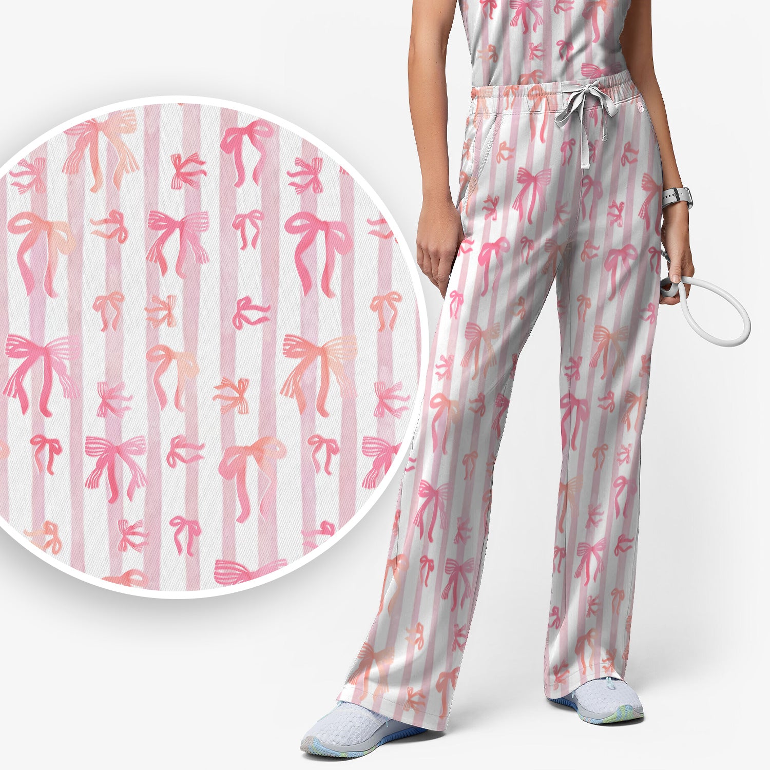 Pink Bow Stripe Pattern Print Scrub Set, Scrub Pants and V Neck Top