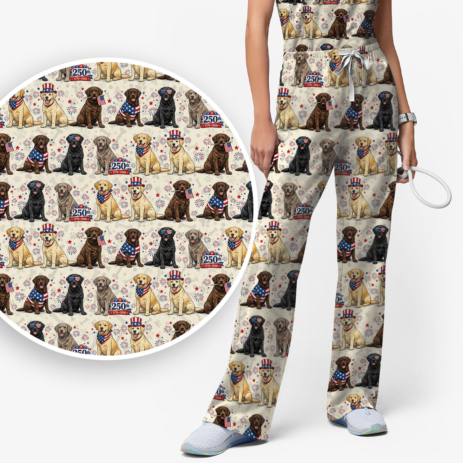 4th of July Labrador Dog Patriotic Print Scrub Set, Scrub Pants and V Neck Top