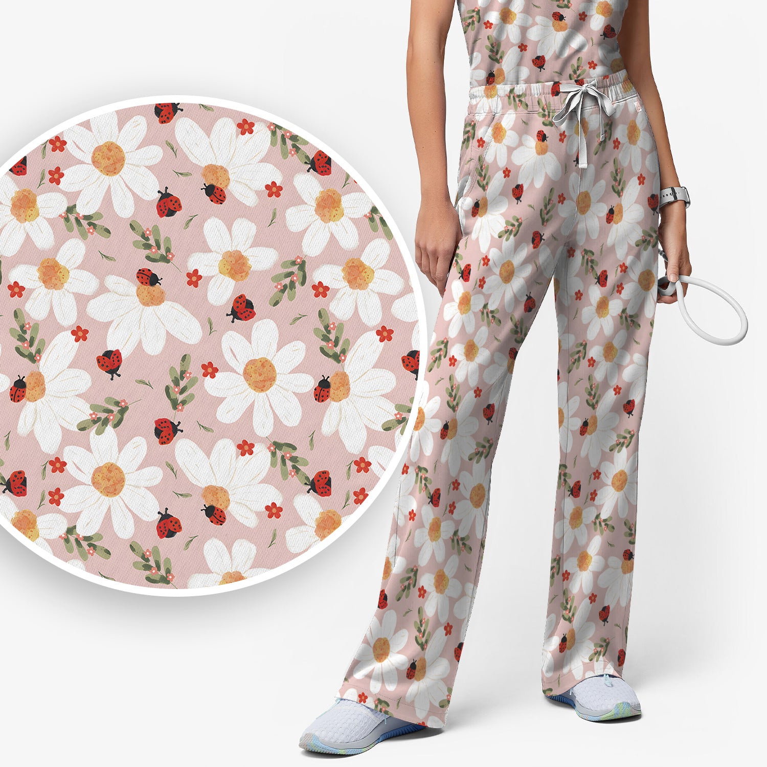 Daisy Ladybug Garden Blossom Pattern Scrub Set, Scrub Pants and V Neck Top