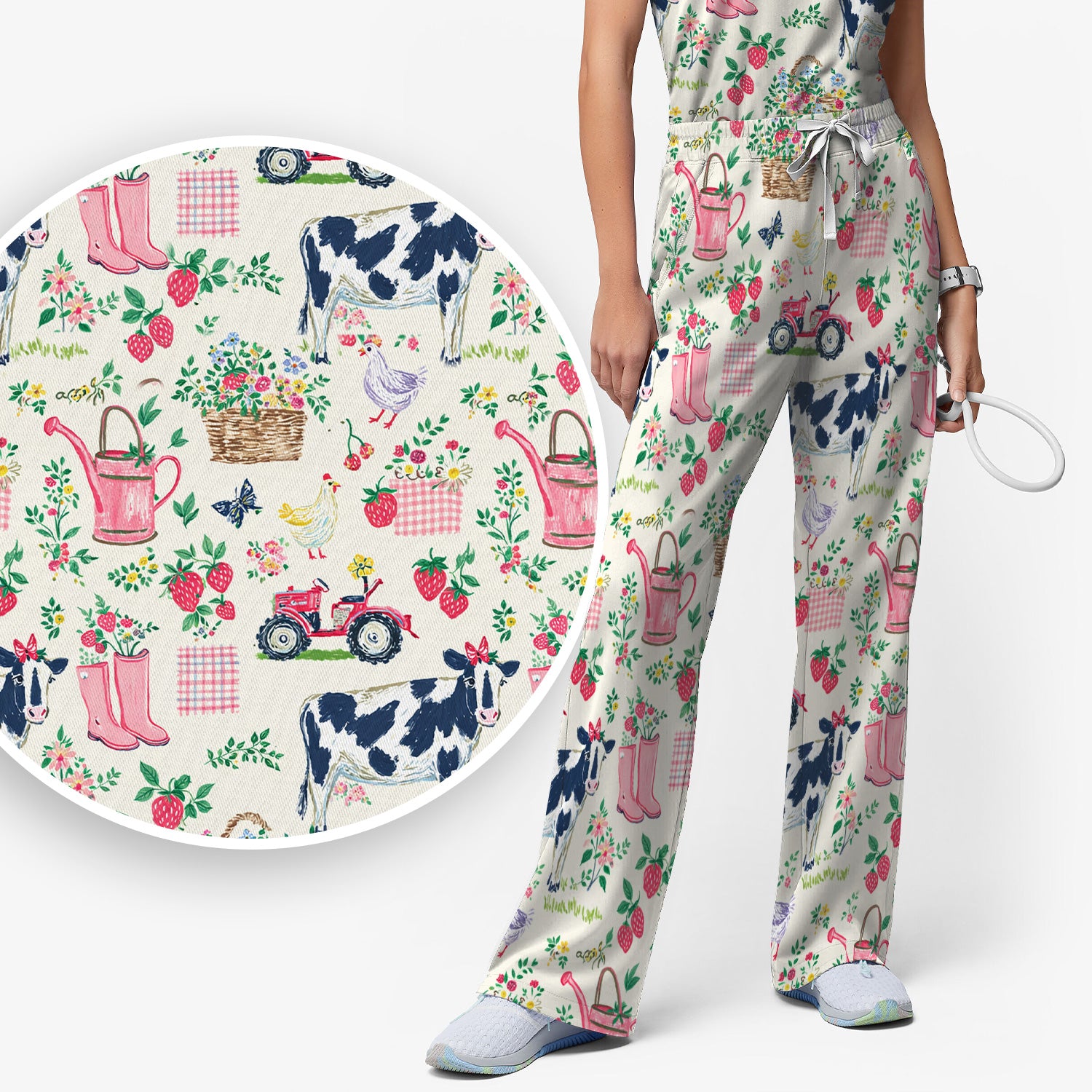 Strawberry Cow Country Style Scrub Top, Comfortable Scrubs for Nurses