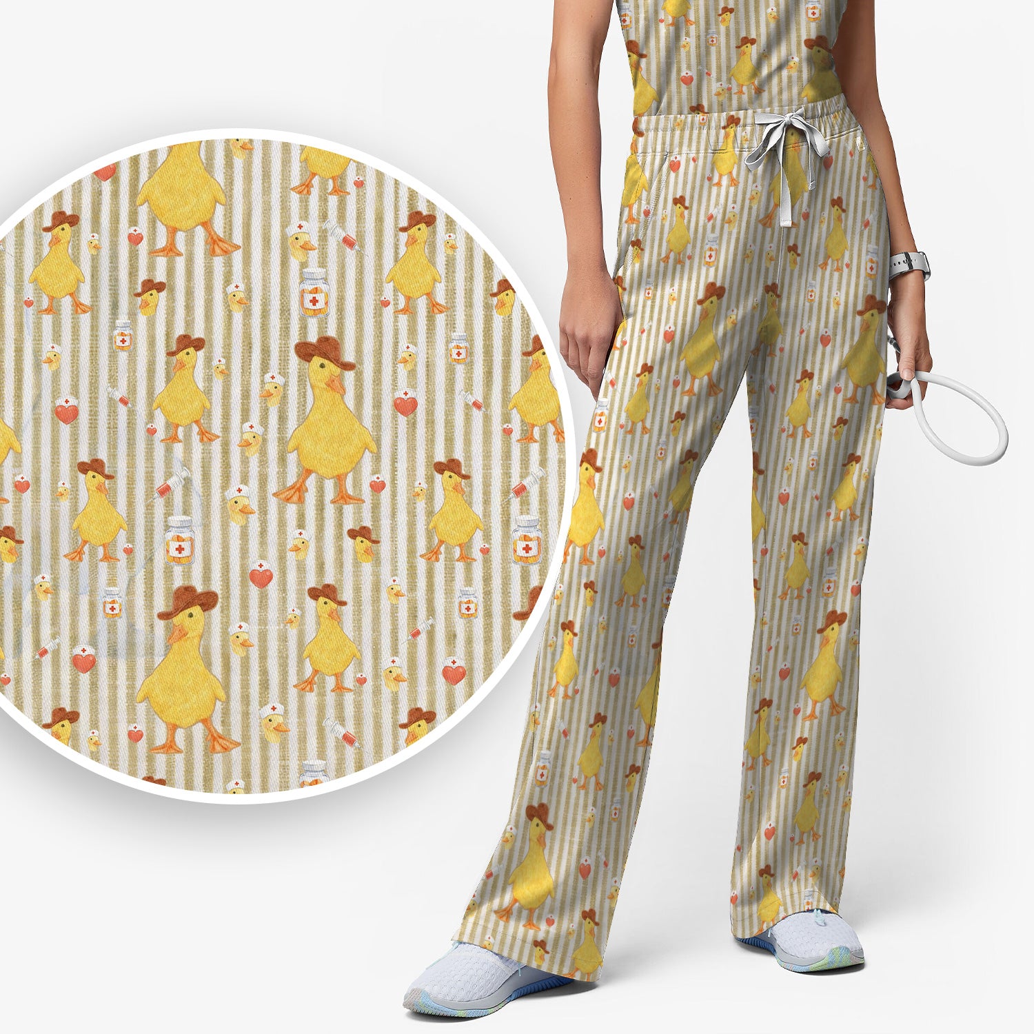 Cowboy Ducktor Vertical Stripe Pattern Scrub Set, Breathable Med Uniform