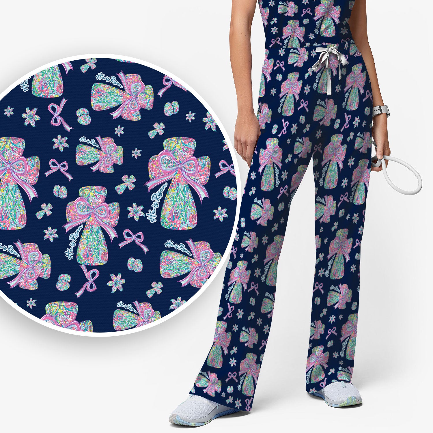 Colorful Bow Pattern Women's Scrub Sets, Breathable Med Uniform