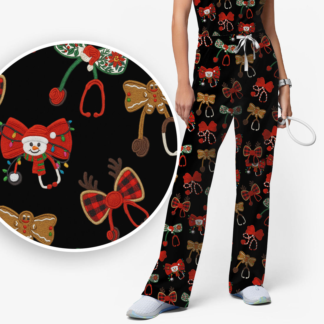 Christmas Stethoscope Bow Nurse Scrub Set, Xmas Pattern Scrub Shirt, Holiday Nursing Uniform