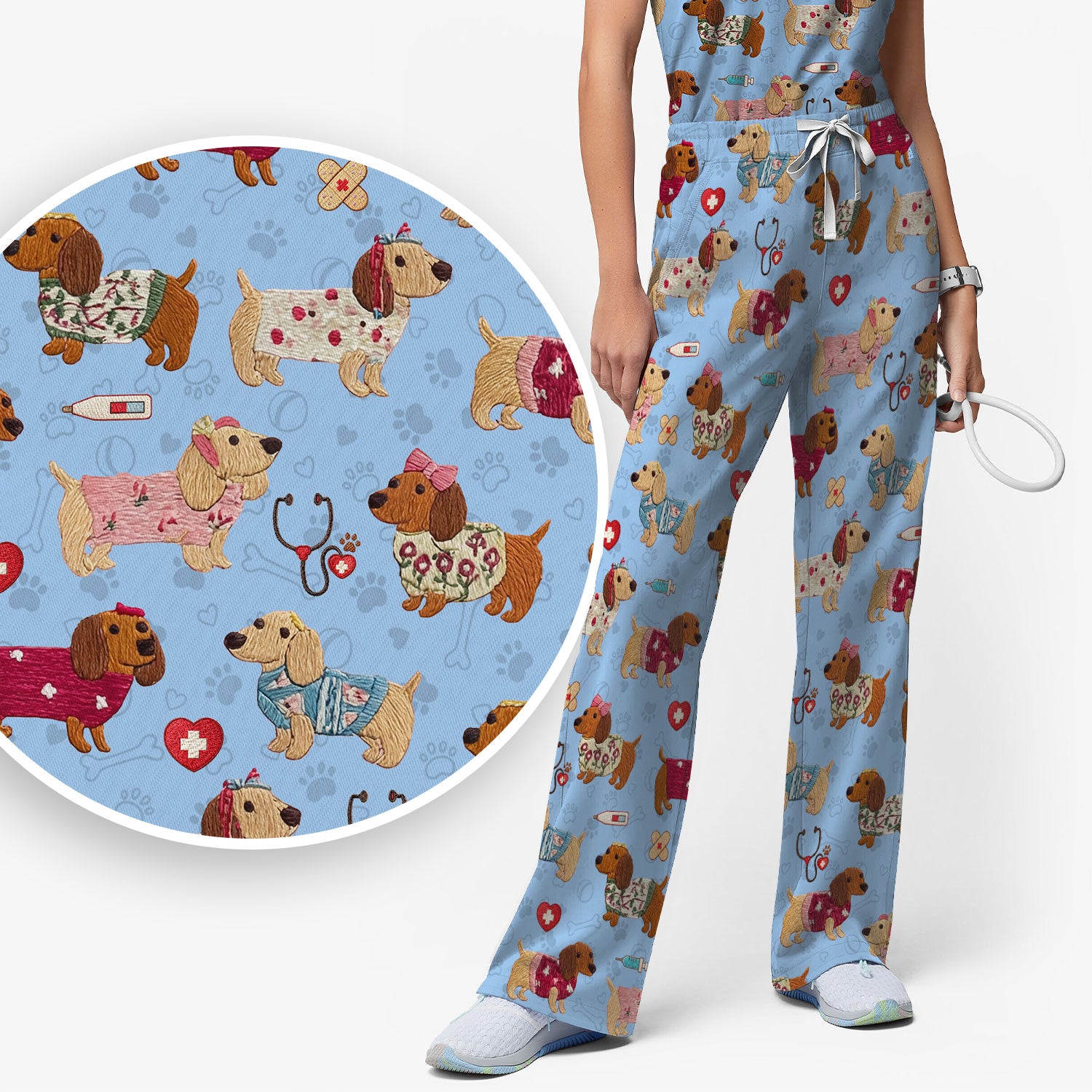 Cute Medical Wiener Dog Pattern Nurse Shirt, Dachshund Nursing Scrub Set, Breathable Fabrics Nursing Uniform