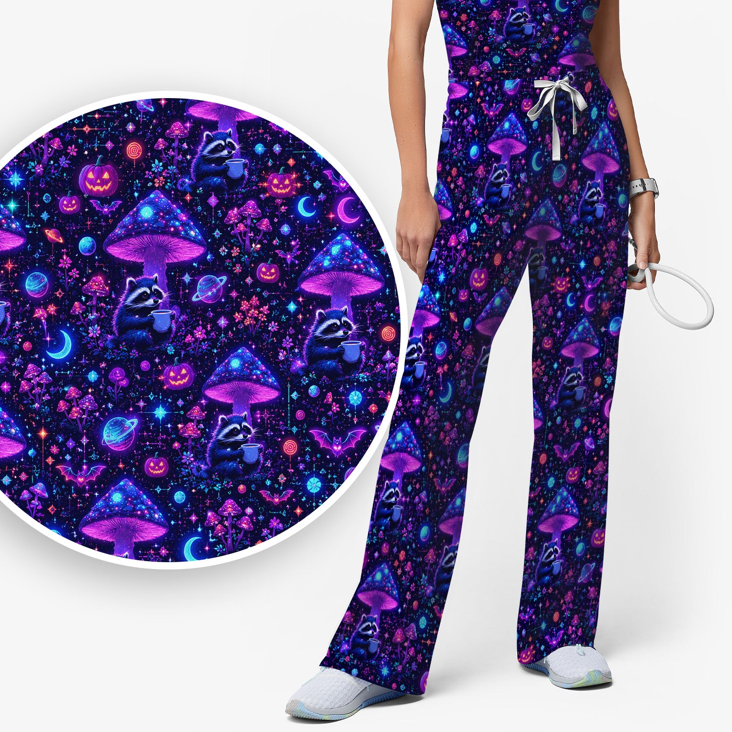 Halloween Raccoon And Mushrooms Scrub Set, Scrub Pants and V Neck Top