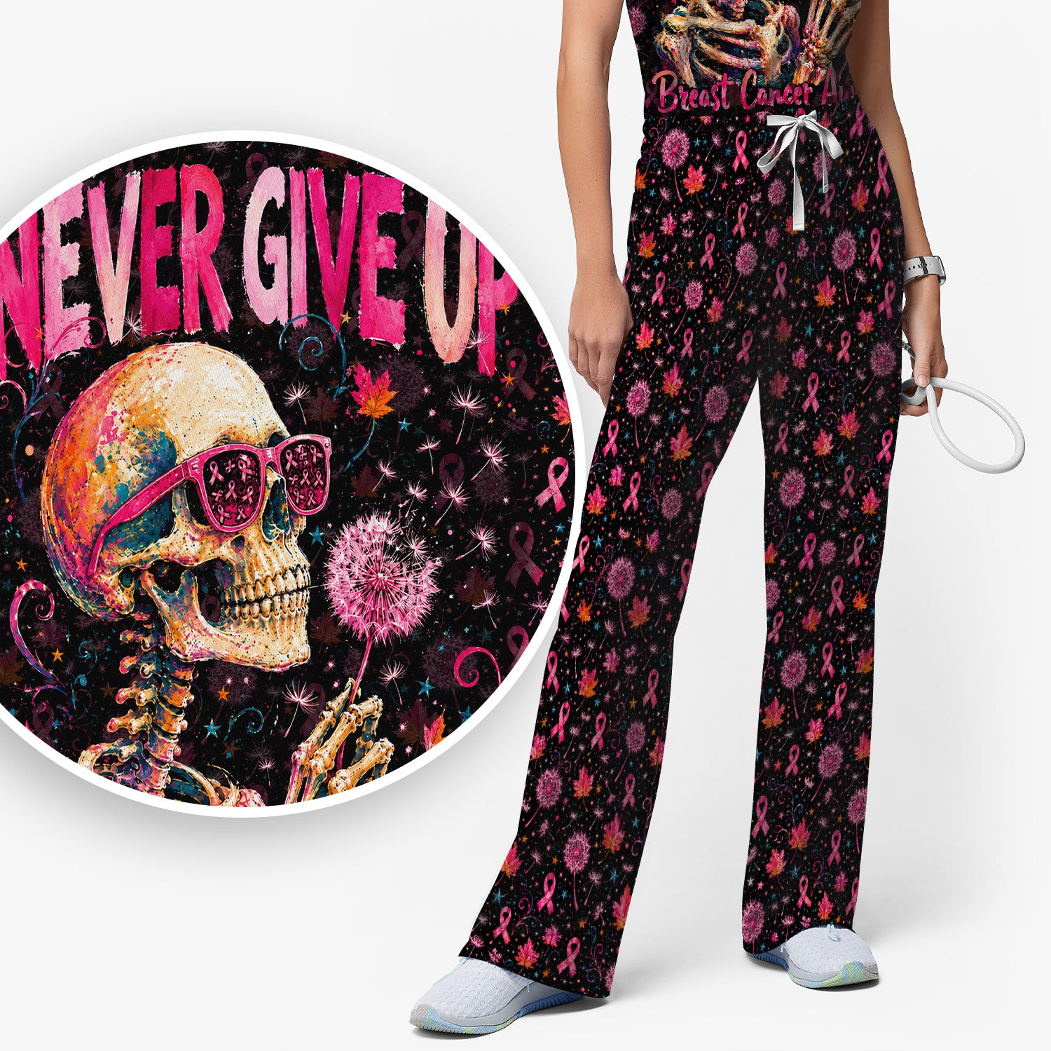 Meaningful Breast Cancer Awareness Skeleton Scrub Set, Scrub Pants and V Neck Top