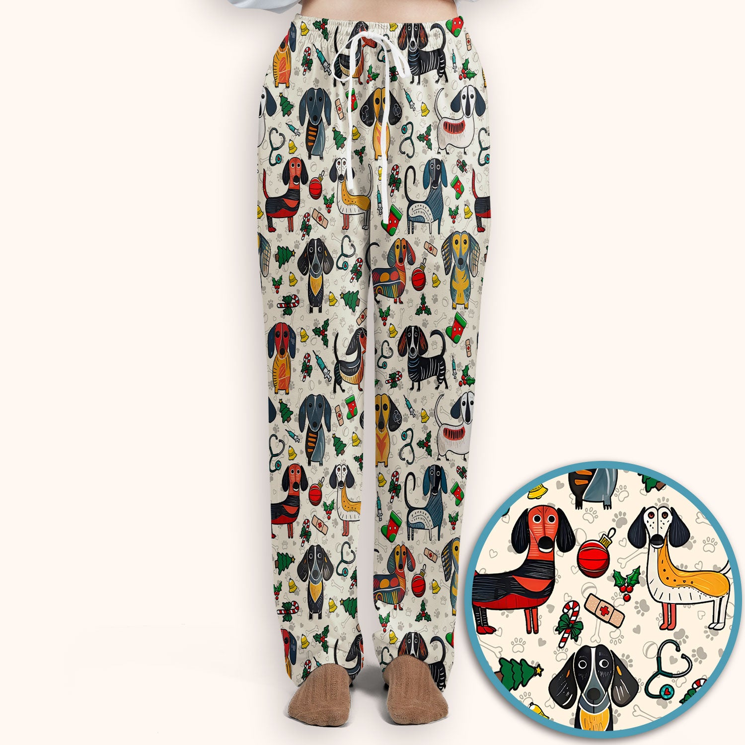 Christmas Wiener Dog Scrub Set - Funny Sausage Dog Pants and V Neck Top - Holiday Medical Uniform