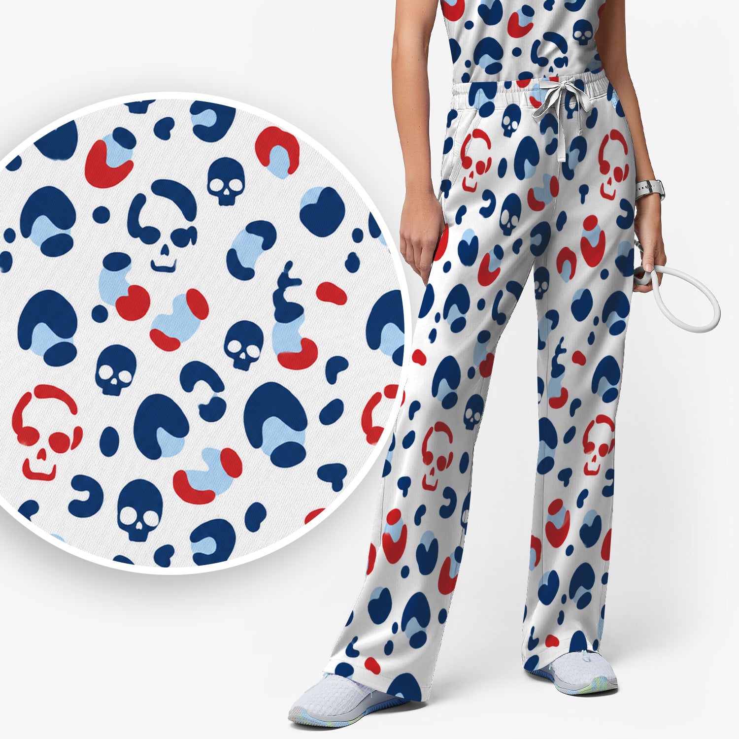 Red Blue Skull Leopard Pattern Scrub Set, Scrub Pants and V Neck Top