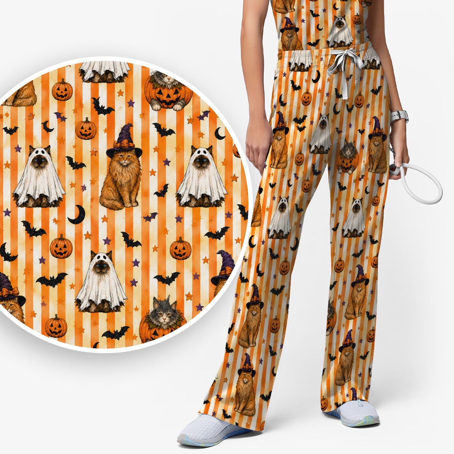 Halloween Cat Print Scrub Set, Scrub Pants and V Neck Top