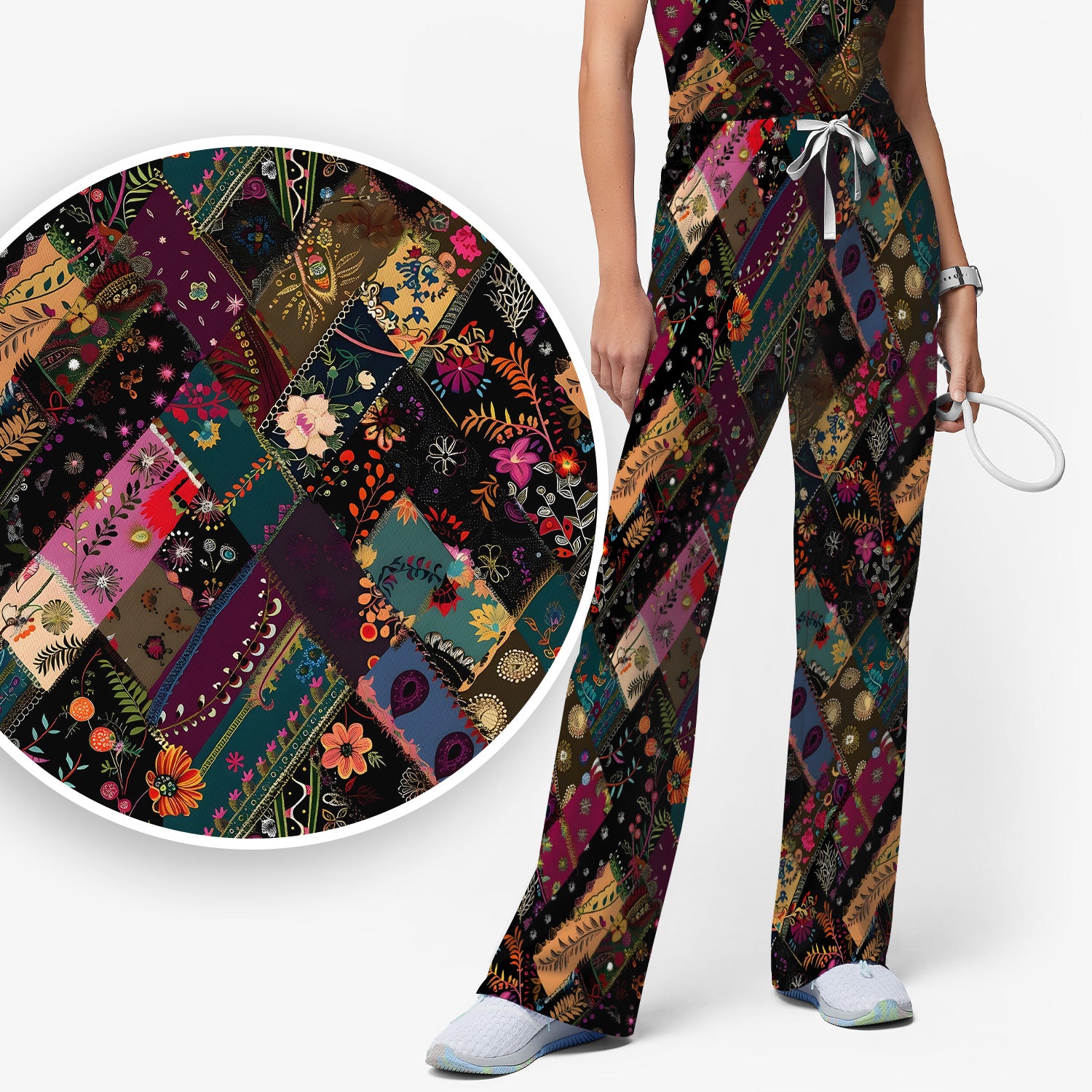 Colorful Bohemian Floral Patchwork Scrub Set, Scrub Pants and V Neck Top