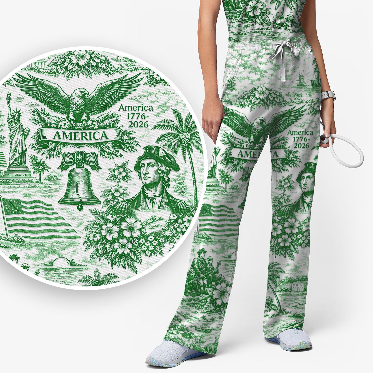 Patriotic America Heritage Toile Pattern Scrub Set, Women's Scrub Sets