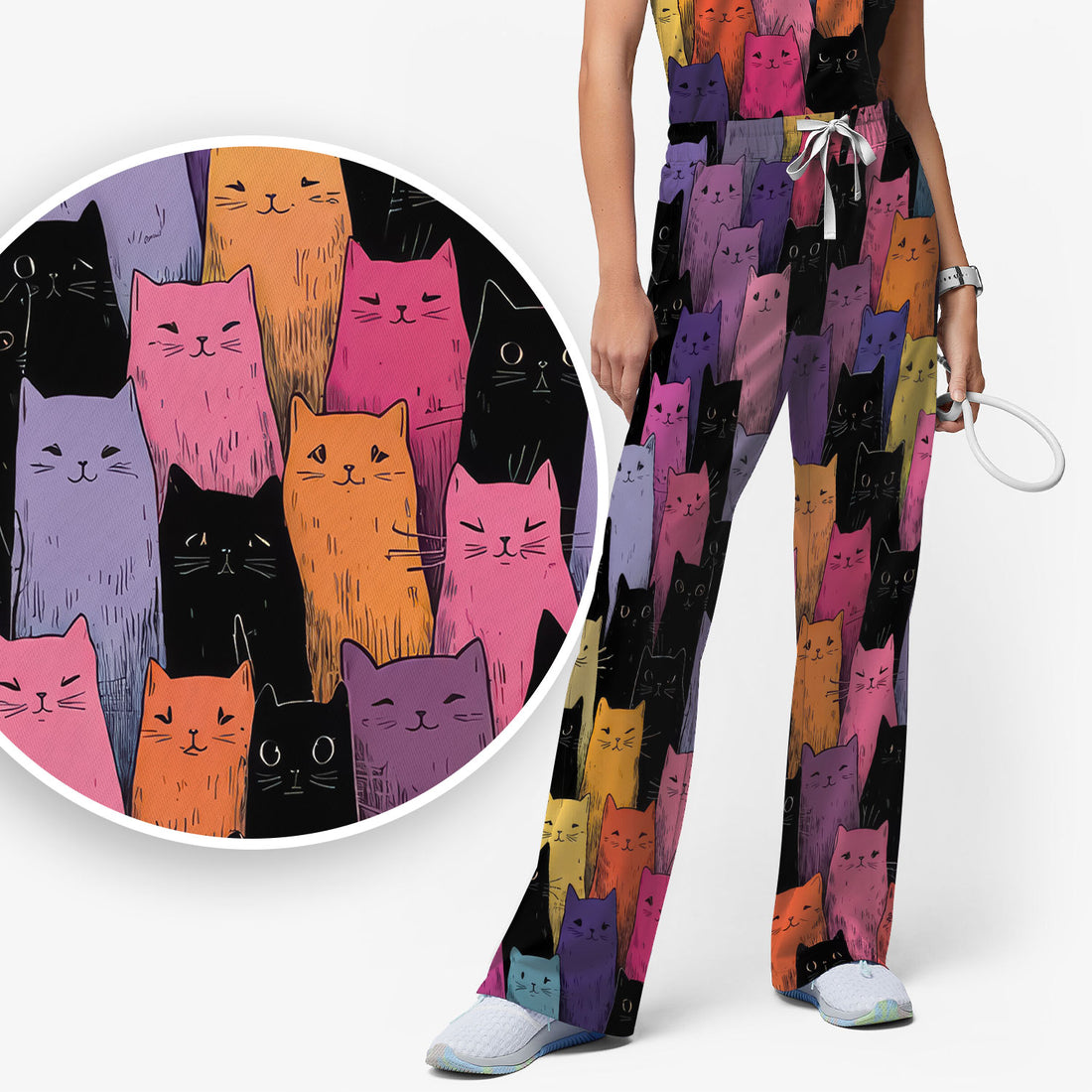 Colorful Cat Art Medical Pattern Scrub Set, Scrub Pants and V Neck Top