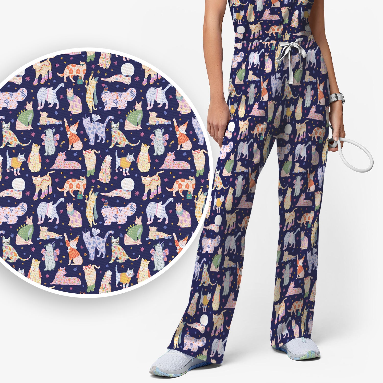 Cute Colorful Cats Pattern Scrub Set, Scrub Pants and V Neck Top
