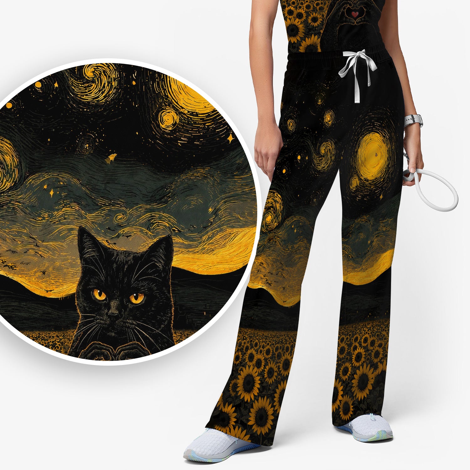 Cute Black Cat Sunflower Night Pattern Scrub Set, Scrub Pants and V Neck Top