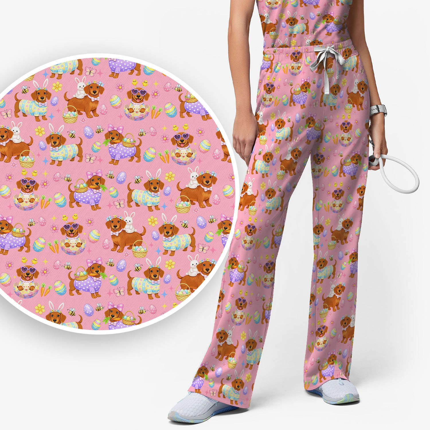 Cute Easter Dachshund Dog Pattern Scrub Set, Scrub Pants and V Neck Top