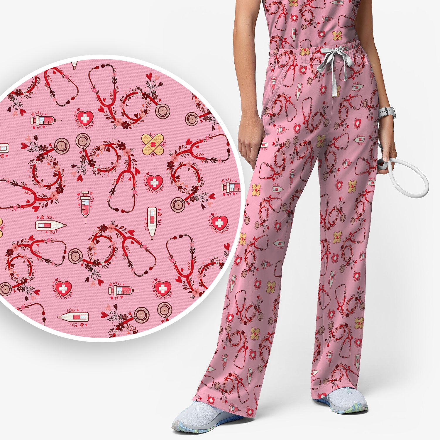 Heart Stethoscope Medical Pattern Scrub Set, Breathable Med Uniform