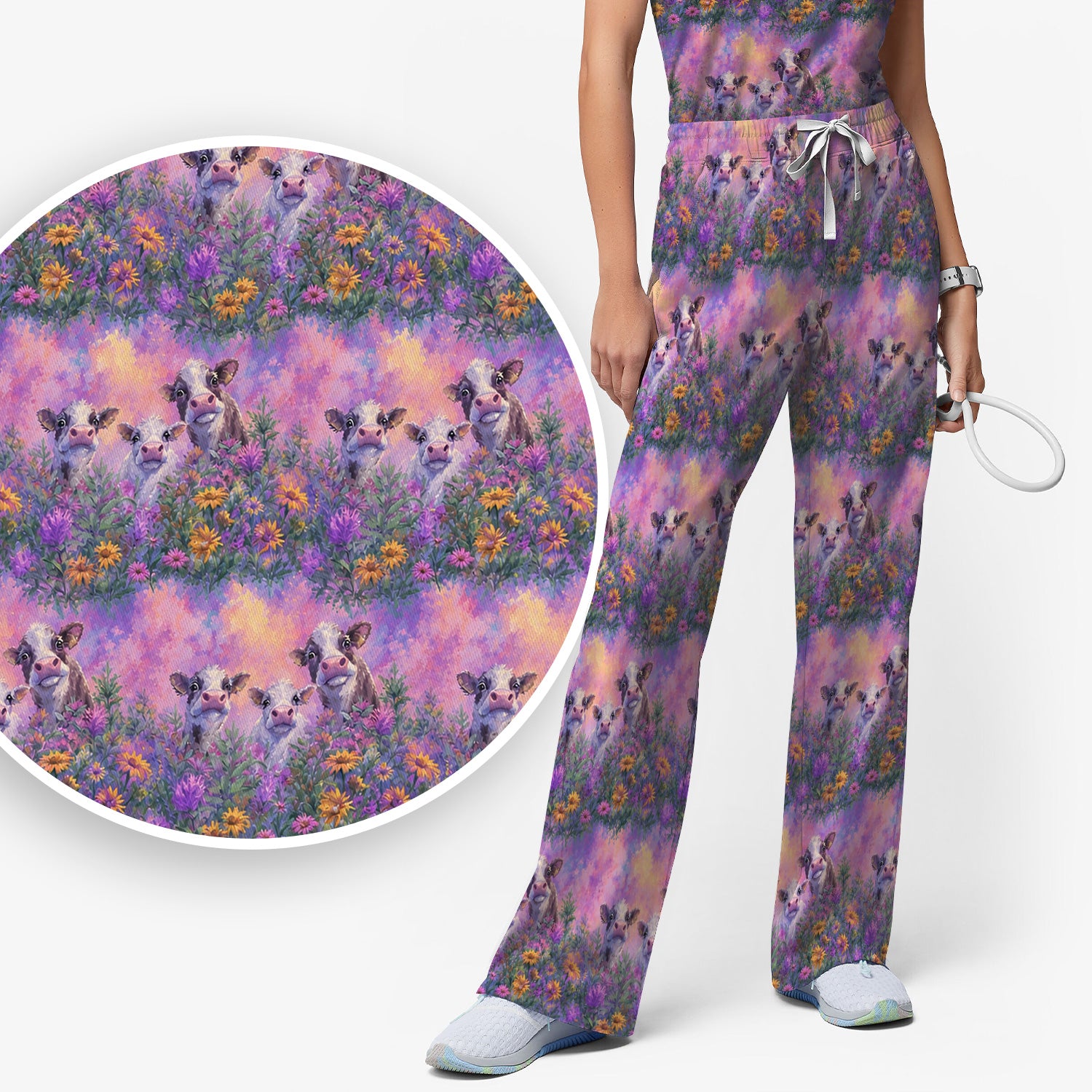 Pastel Cow Meadow Flower Pattern Scrub Set, Scrub Pants and V Neck Top