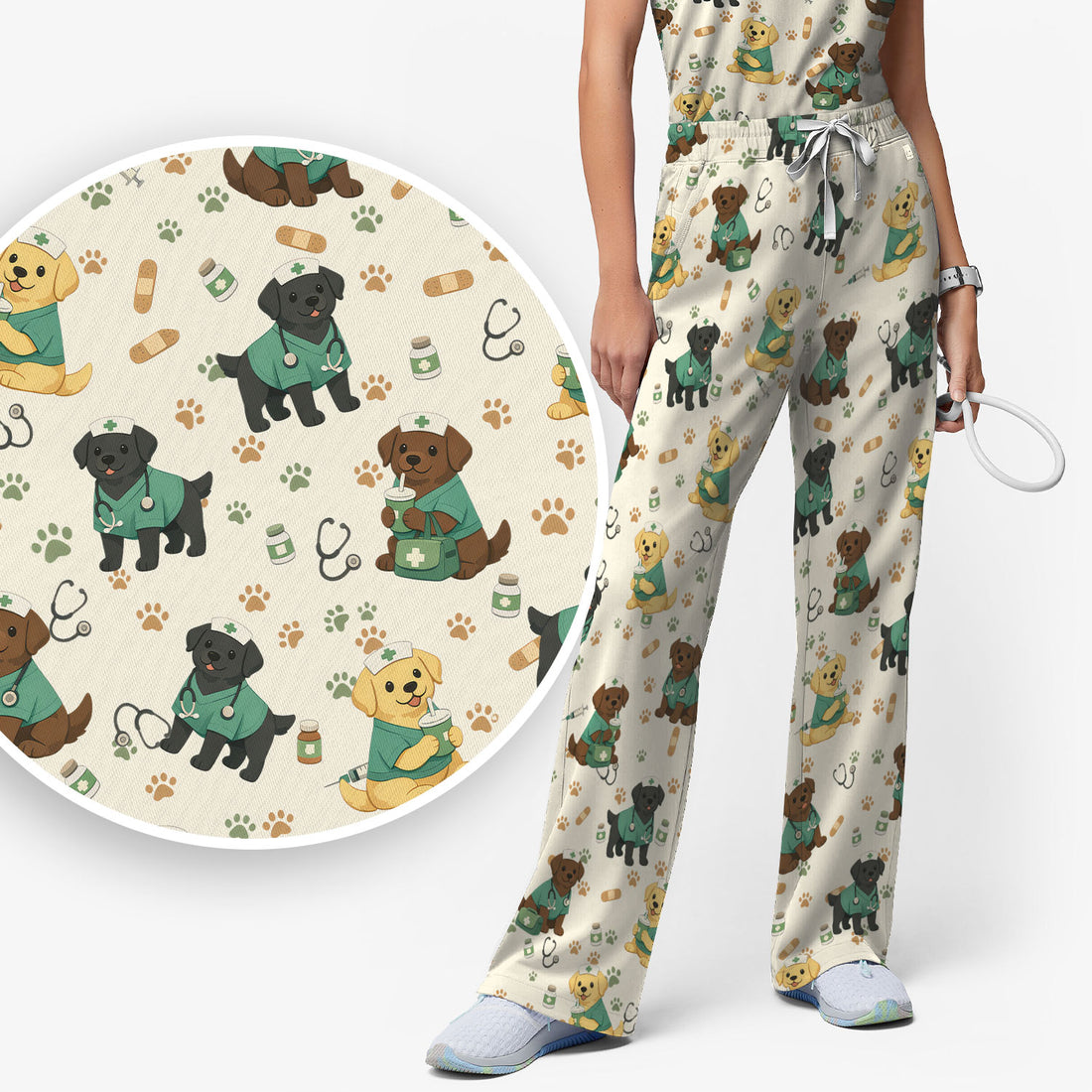 Labrador Retriever Nurse Scrub Set, Cute Medical Dog Pattern Nurses Shirt, Breathable Fabrics Nursing Uniform