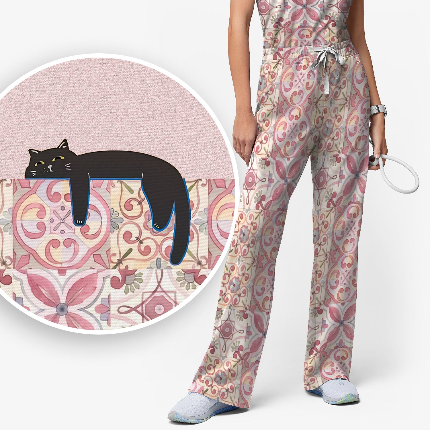 Custom Name Pink Floral Nurse Shirt, Personalized Black Cat Scrub Set For Women, Breathable Fabrics Nursing Uniform